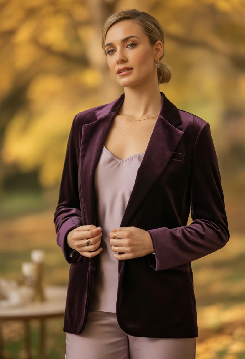 A woman wearing a deep plum velvet blazer over a silk camisole, standing in a softly lit autumn setting.