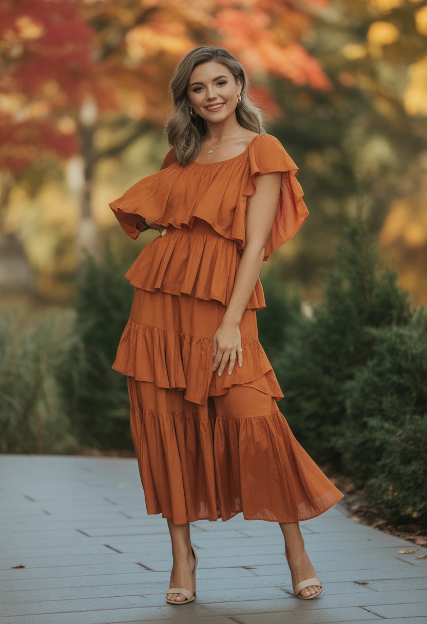 A woman wearing a burnt orange tiered ruffle dress standing outdoors with autumn leaves in the background.