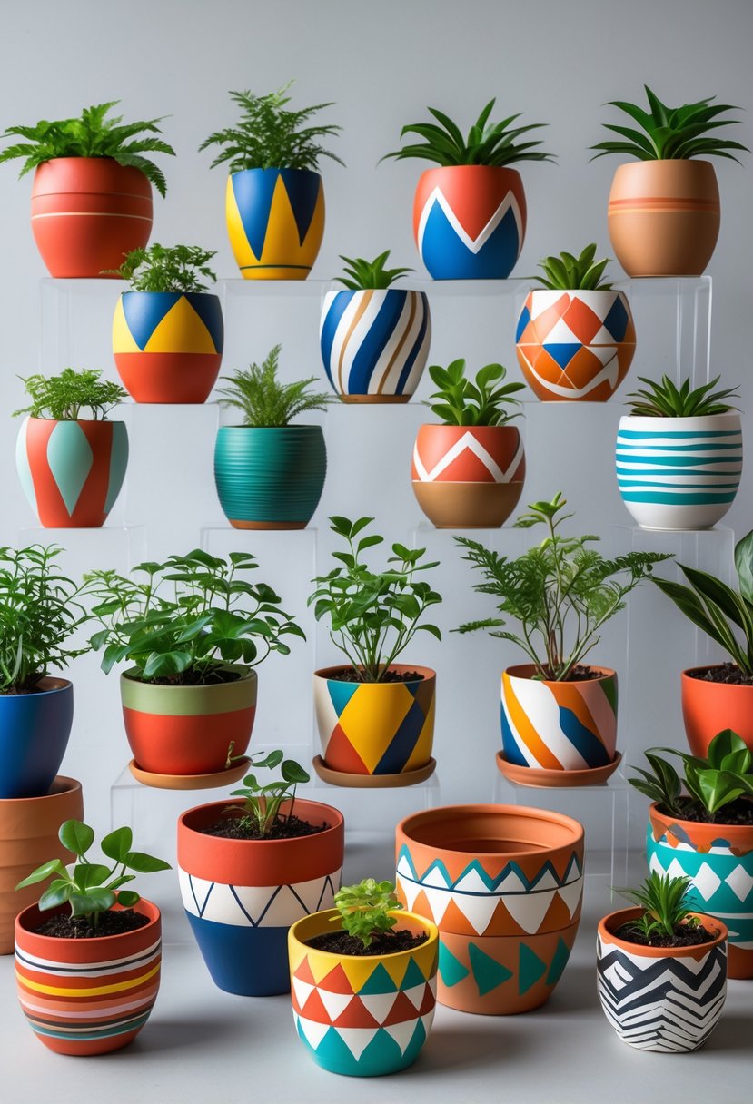 Nineteen colorful plant pots with geometric patterns, some containing green plants, arranged on a plain surface.