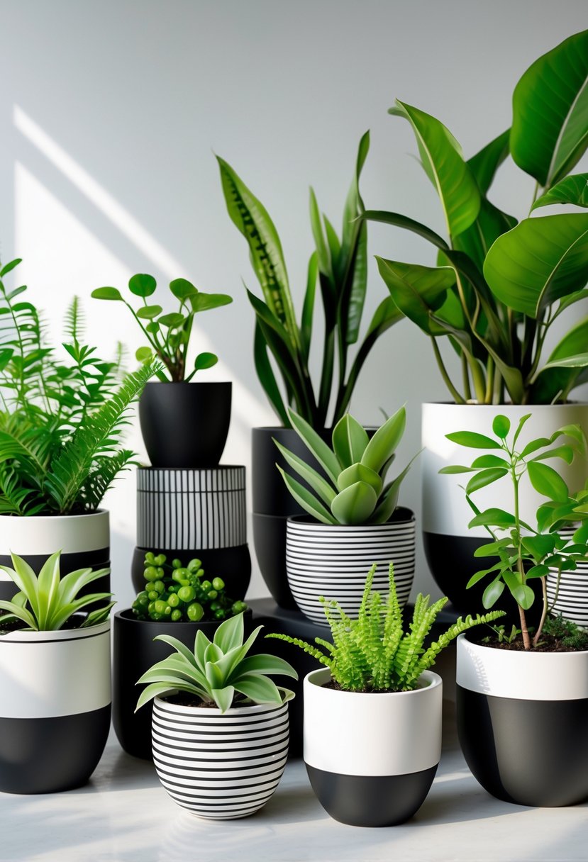 A collection of striped black and white plant pots holding various green plants arranged on a neutral surface.