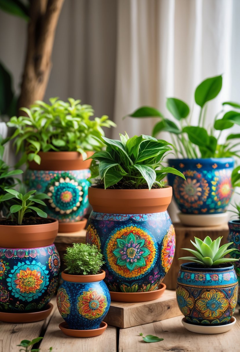 A group of 19 colorful plant pots with detailed painted designs, each holding green plants, arranged on a wooden surface.