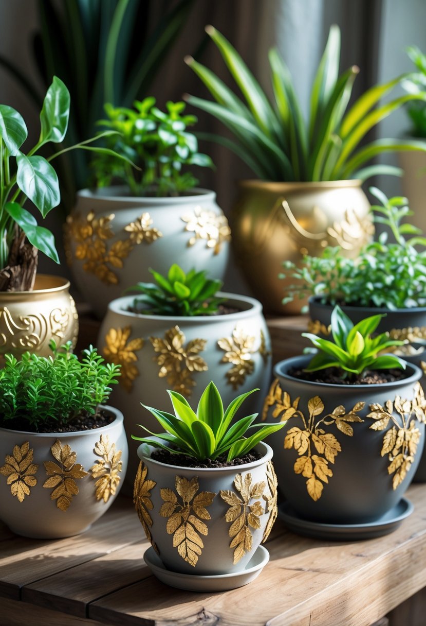 A collection of 19 plant pots decorated with gold leaf patterns, each holding green plants, arranged on a wooden surface.