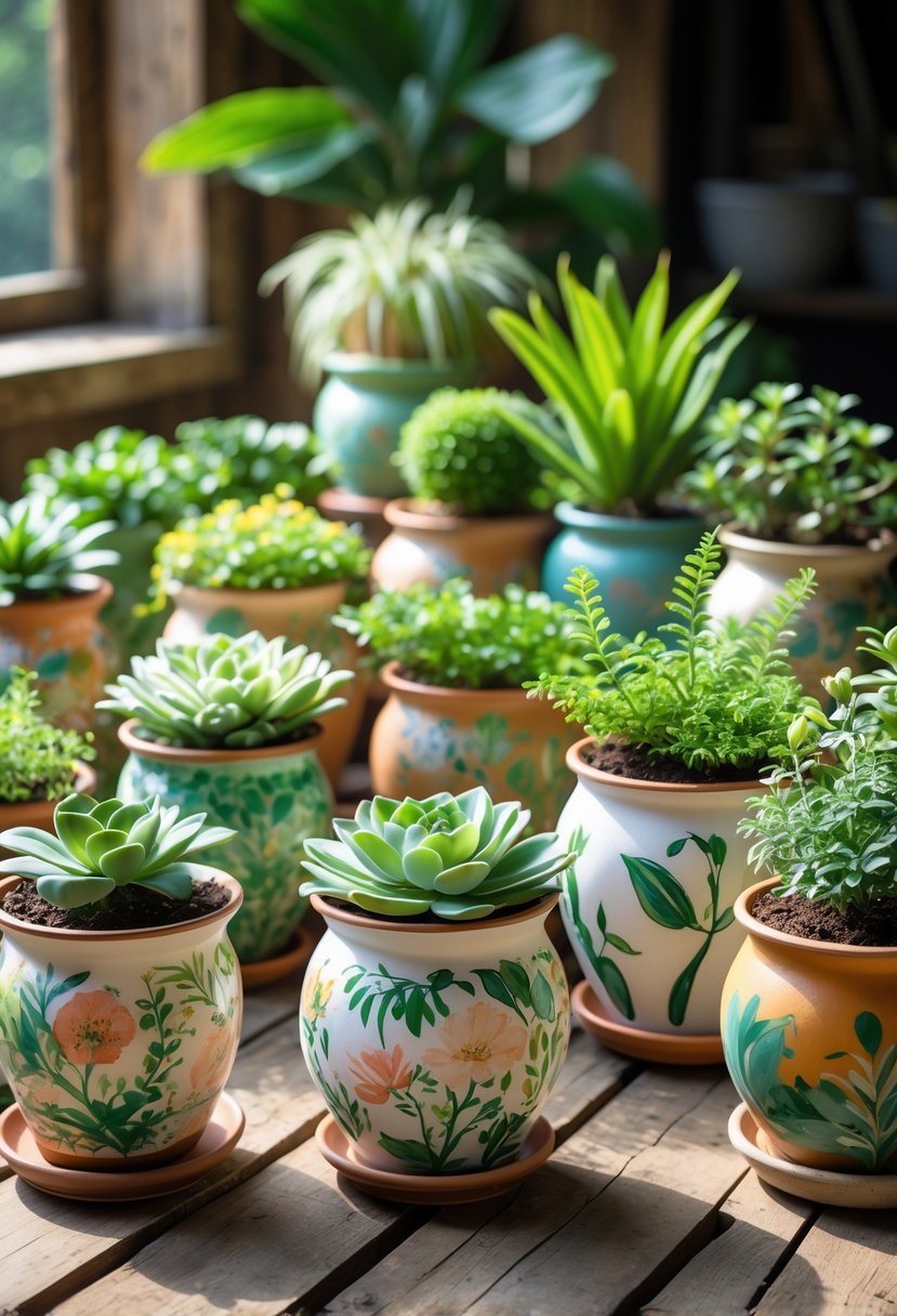 Nineteen hand-painted plant pots with various green plants arranged on a wooden table.