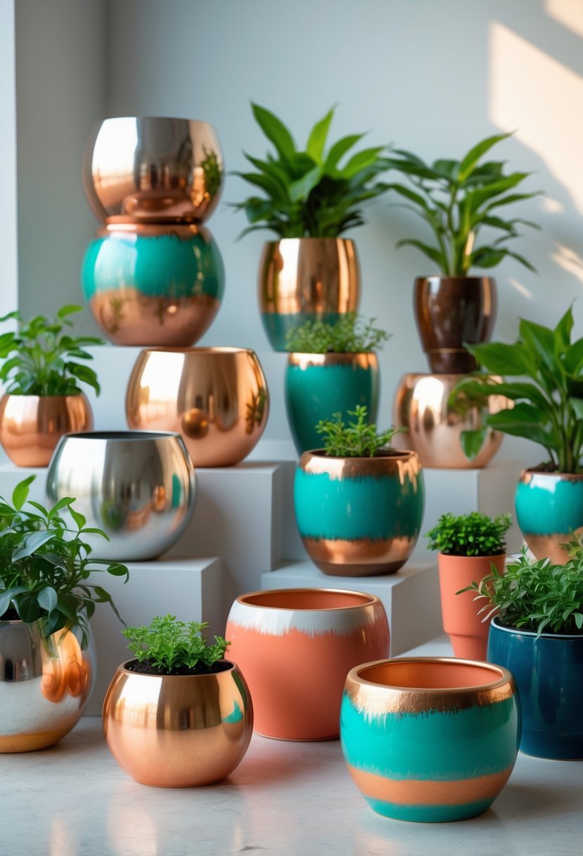 A collection of 19 plant pots with metallic dip-dye effects, each holding green plants, arranged on a clean surface with a neutral background.