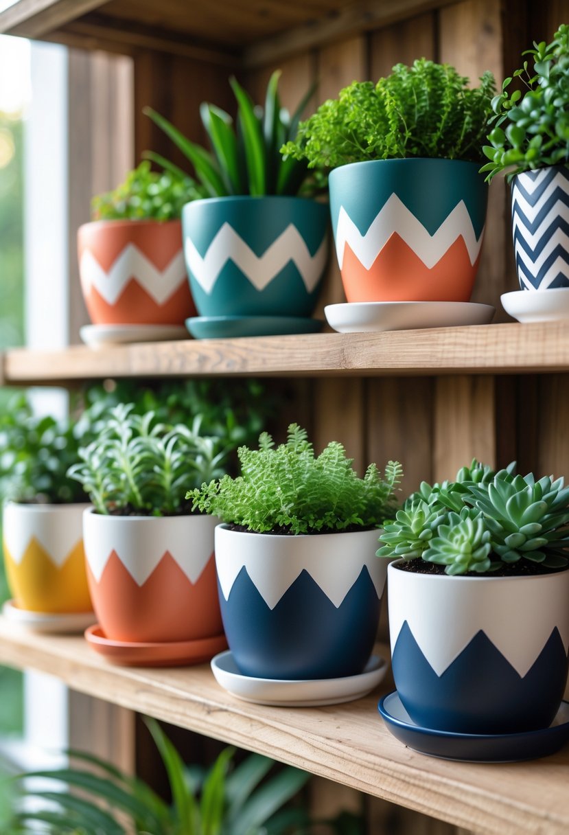A collection of colorful plant pots with green plants arranged on a wooden shelf.