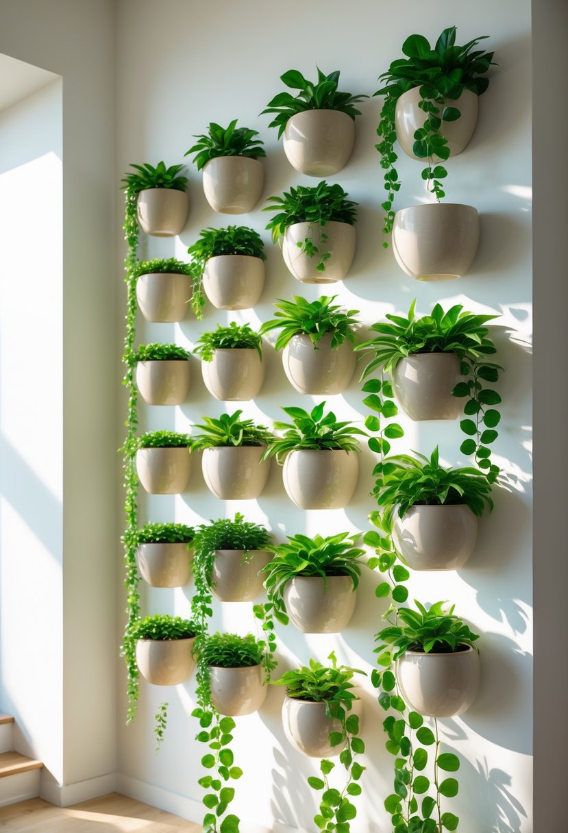 A white wall with fifteen ceramic pots mounted vertically, each holding a green money plant with trailing leaves.