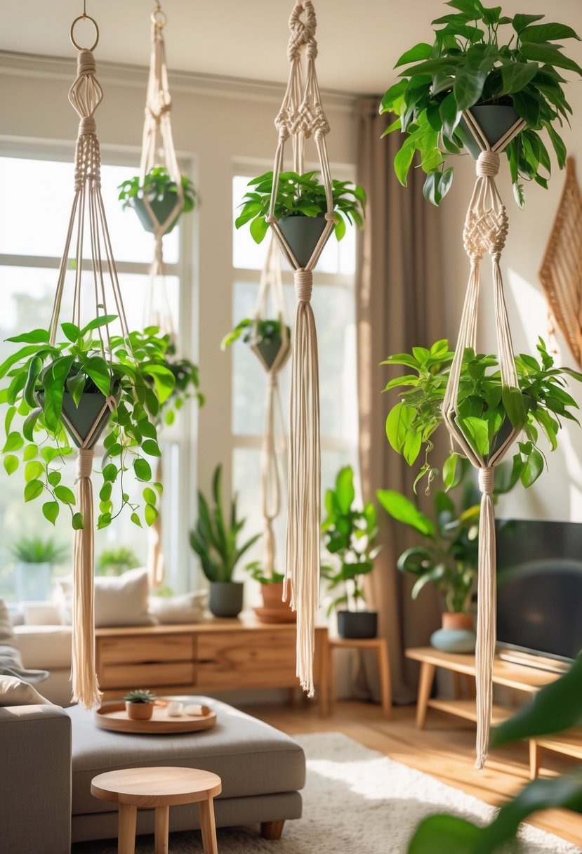 Living room with several macrame plant hangers holding green money plants, surrounded by wooden furniture and natural decor.