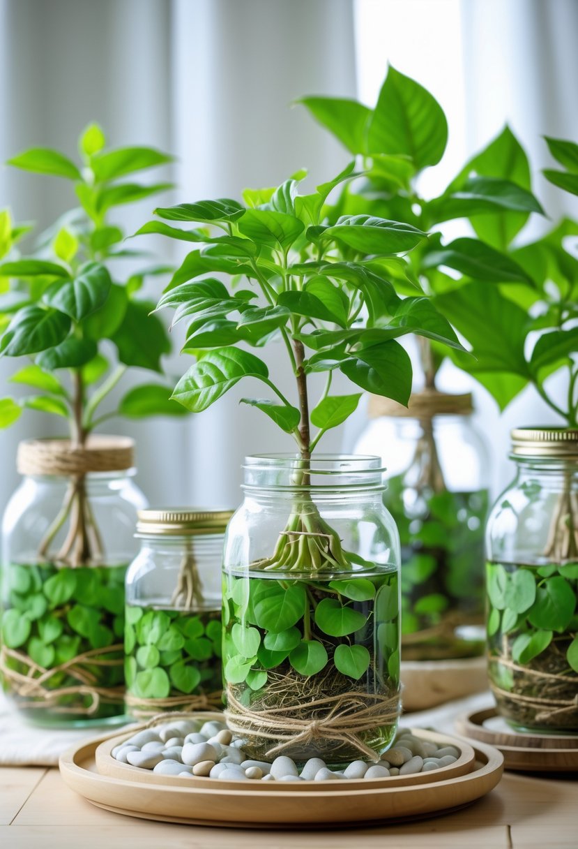 Several money plants growing in decorative mason jars arranged on a wooden surface indoors.