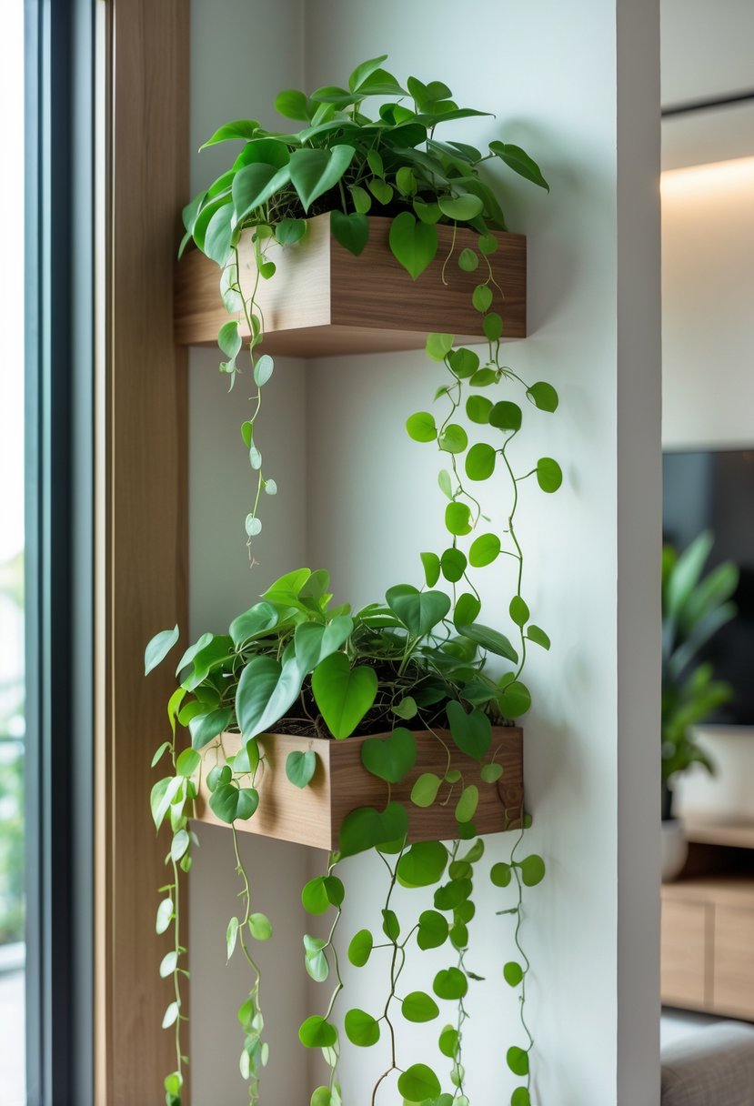Corner shelves with several cascading money plants in a bright, clean indoor space.