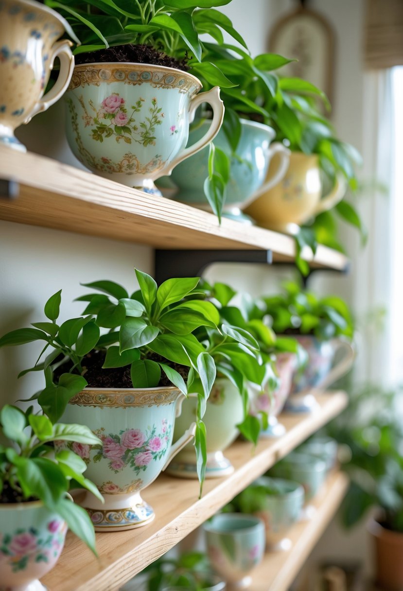 A collection of vintage teacup planters with green money plants arranged on wooden shelves in a well-lit room.