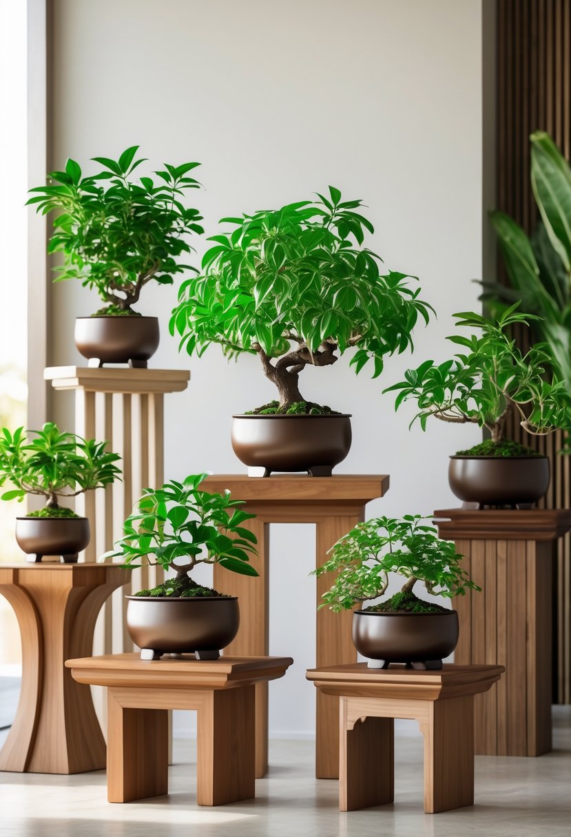 A group of money plants shaped like bonsai trees placed on wooden stands in a bright indoor setting.