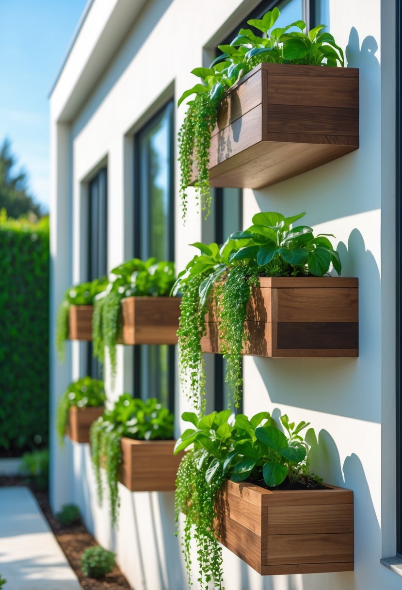 Floating wooden planter boxes filled with green money plants mounted under windows on a house exterior.