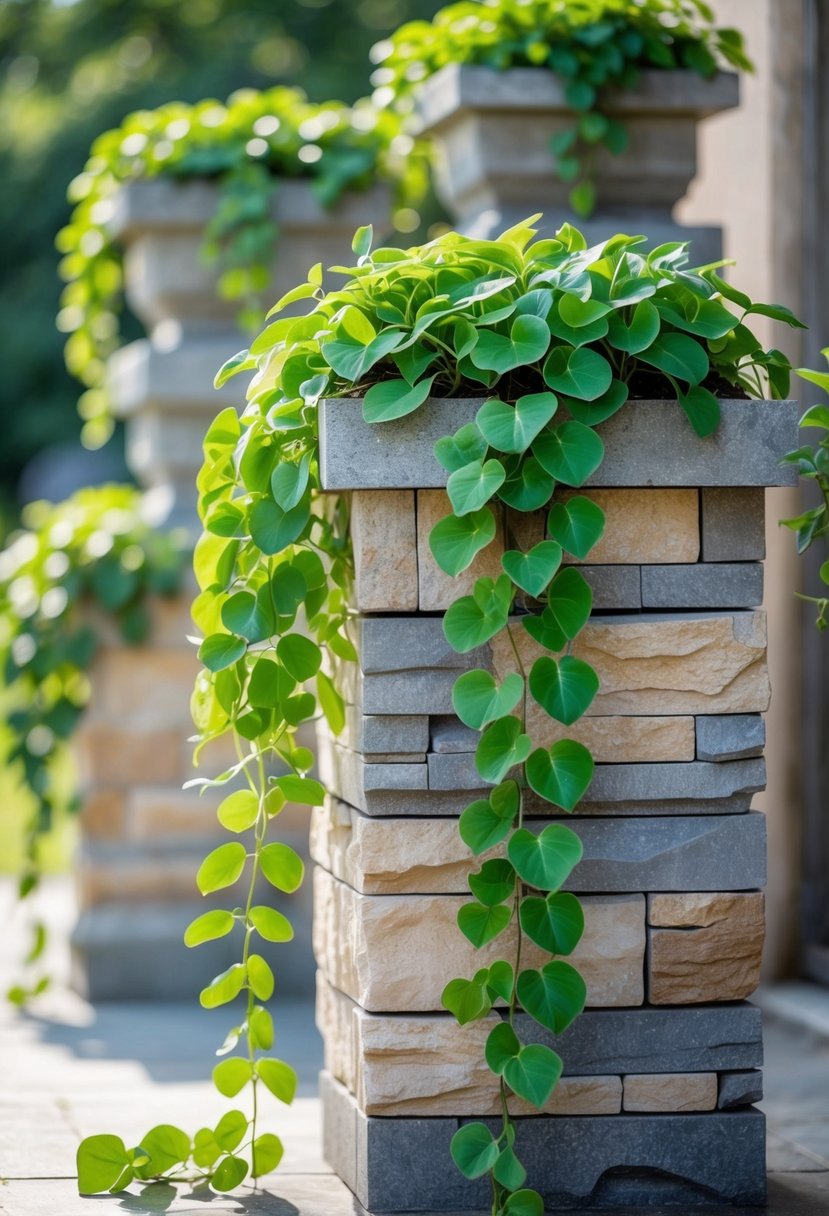 Stacked stone planters filled with trailing green money plants in an outdoor garden setting.