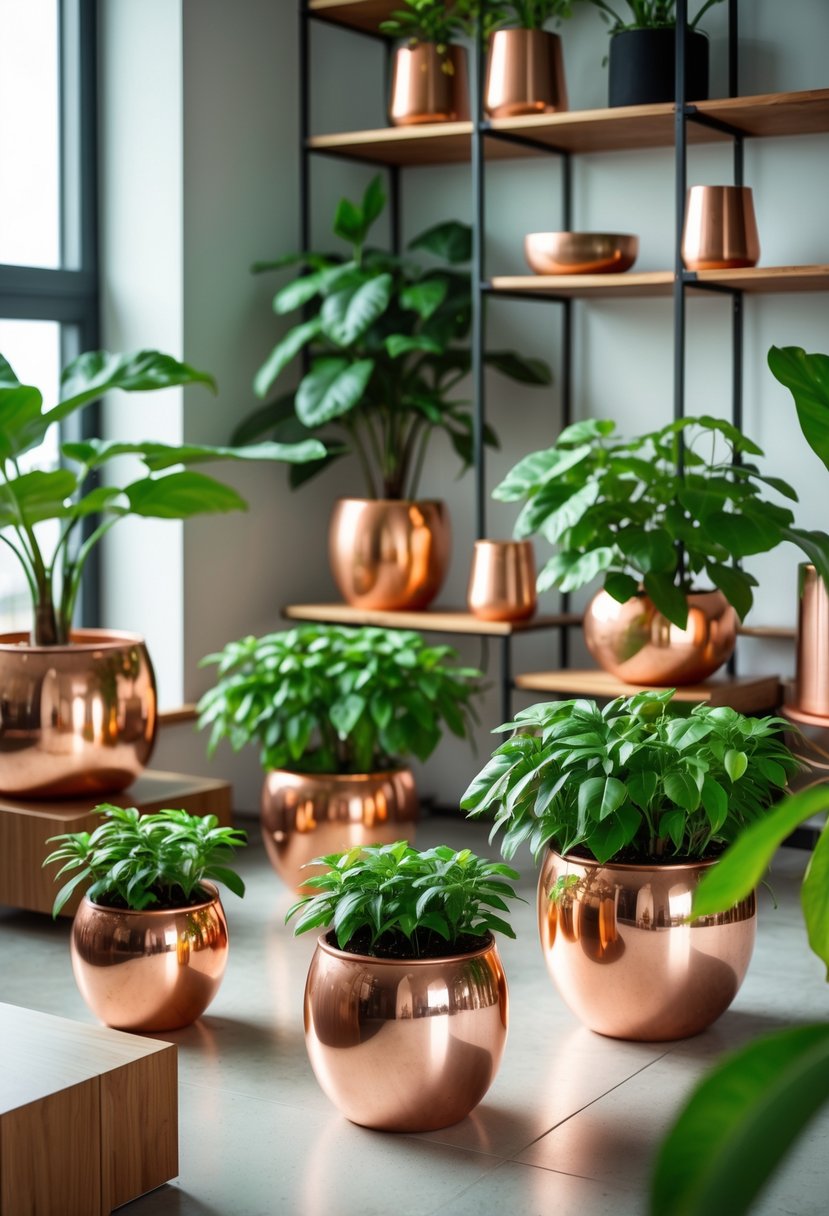 Indoor scene with copper pots holding green money plants arranged as home decor.