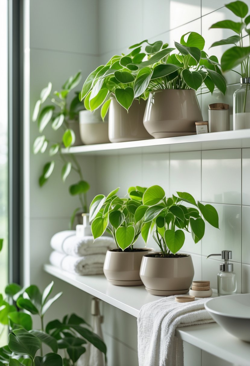 Bathroom shelf with several healthy money plants in pots surrounded by towels and toiletries.