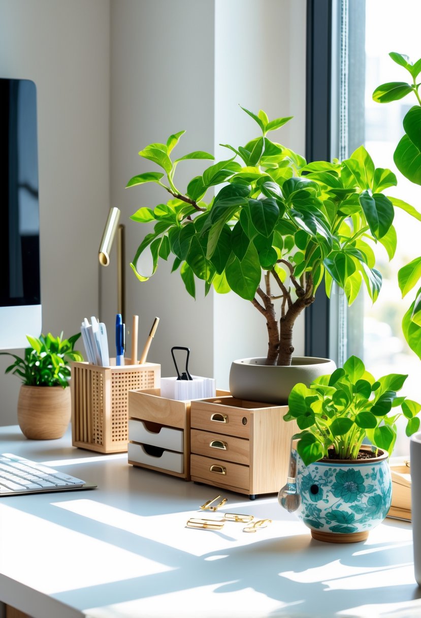 A home office desk with organized stationery and several potted money plants arranged together, creating a fresh and tidy workspace.