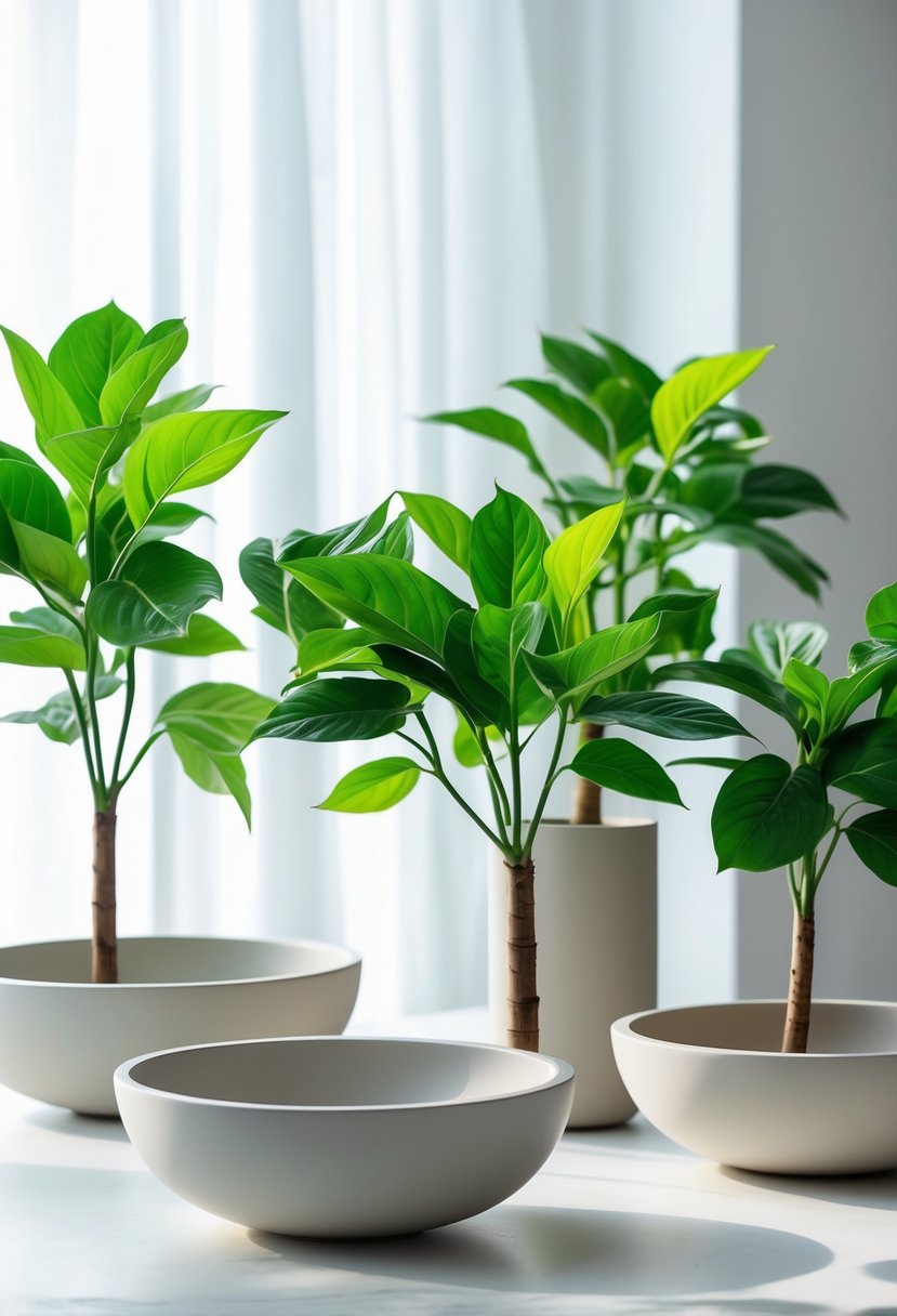 Several money plants in simple bowls arranged on a light surface with natural lighting.