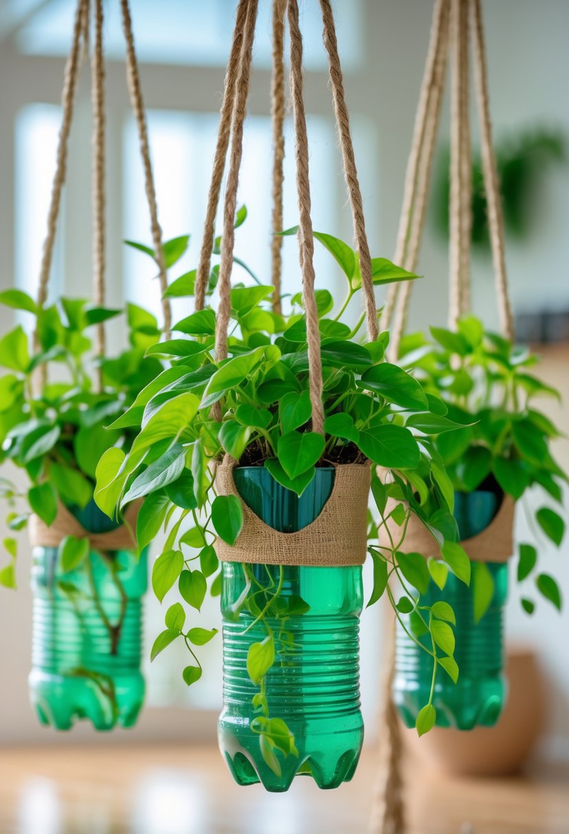 Several recycled plastic bottle planters hanging by ropes, each holding a green money plant, displayed indoors.