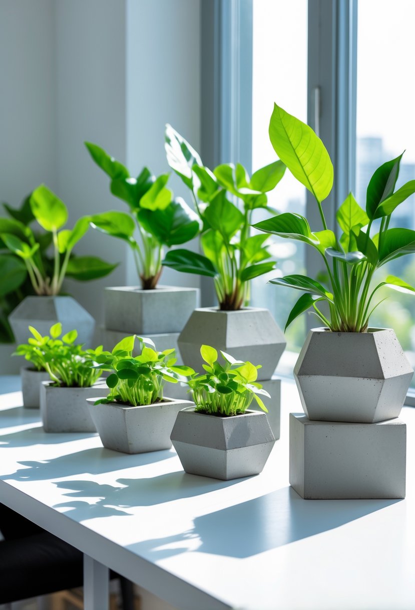 A desk with several geometric concrete planters holding green money plants arranged neatly under natural light.