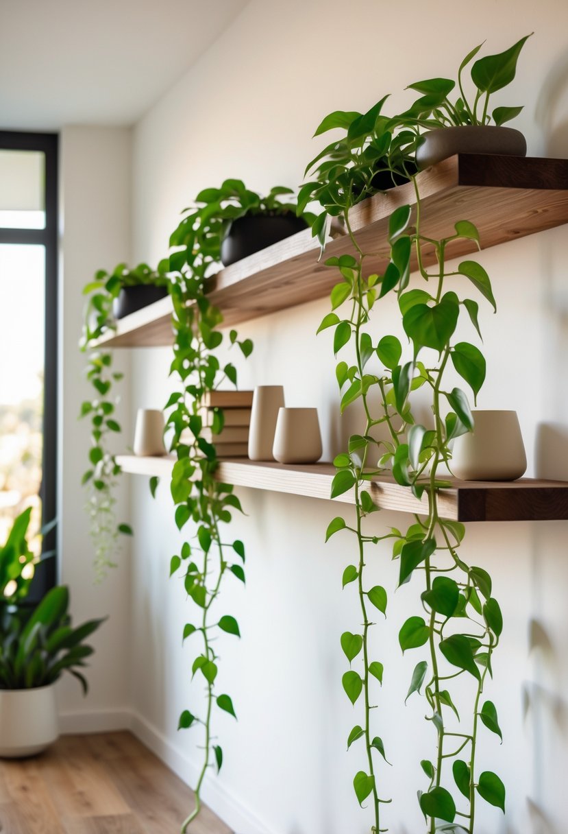 Floating wooden shelves on a white wall with trailing pothos plants and decorative items.