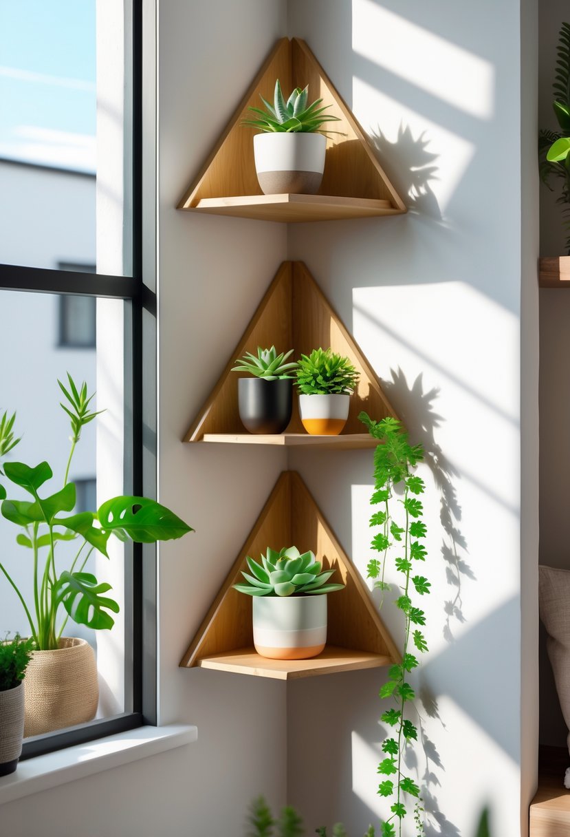 Corner of a room with three triangular wooden shelves holding small green plants in pots.