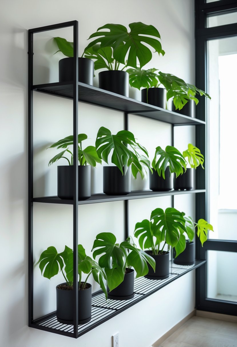 Black metal frame shelves mounted on a white wall holding several green monstera plants in pots.