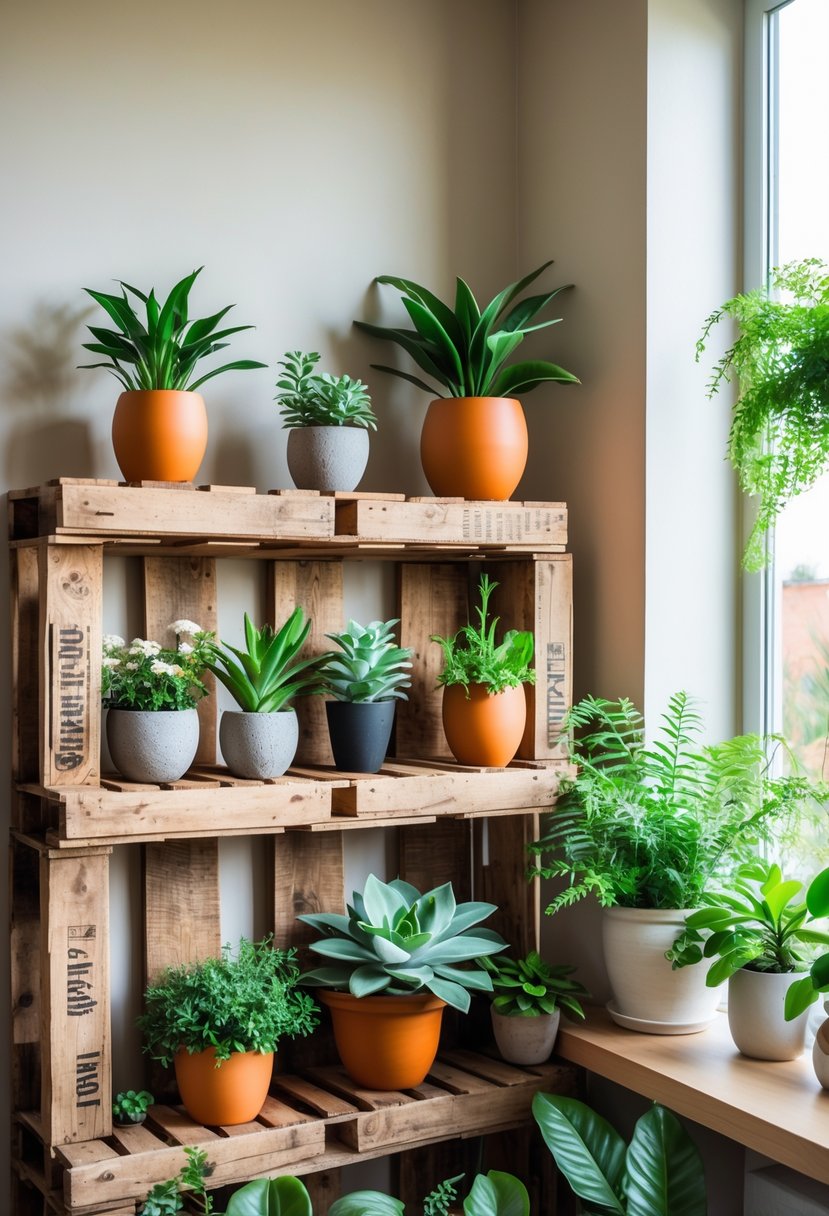 Wooden pallet shelves filled with various potted plants displayed indoors near a window.