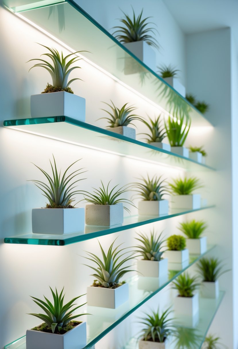 Glass shelves mounted on a white wall displaying various air plants illuminated by soft LED lights.