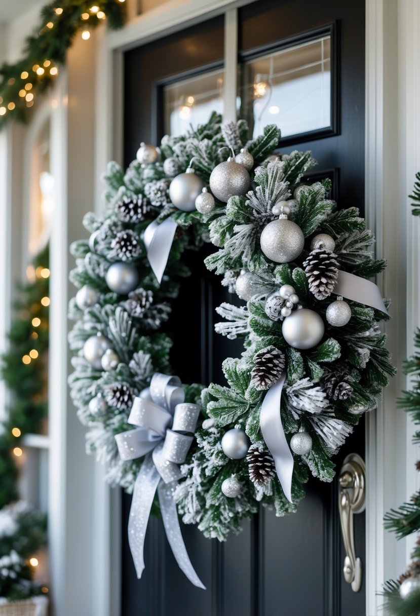 Snowy Christmas wreath with silver decorations hanging on a front porch door.