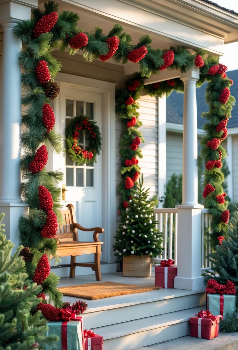 Front porch decorated with a garland of red berries and pinecones around the door and railing.