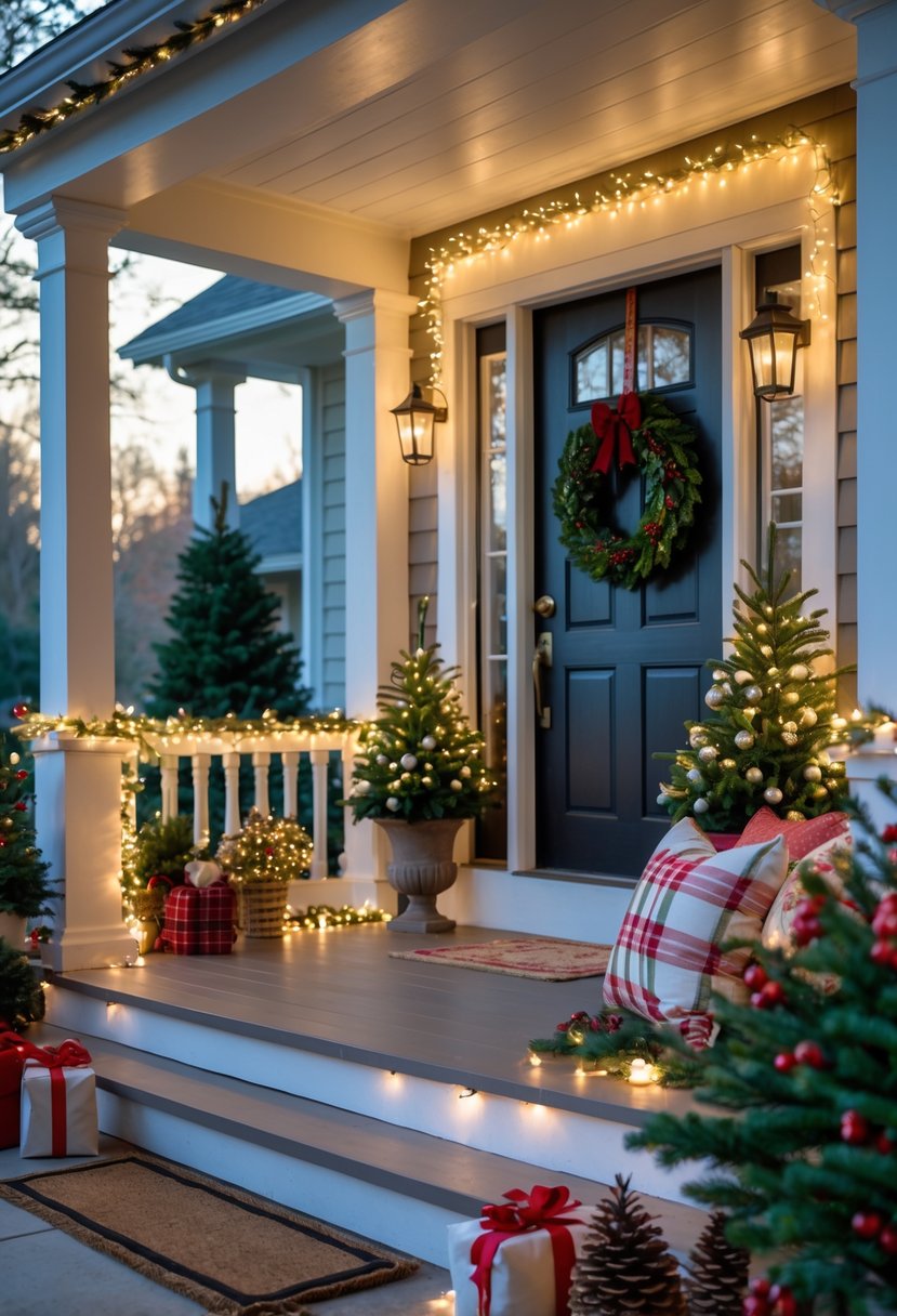 Front porch decorated with warm white fairy lights wrapped around the railing and festive Christmas decorations.