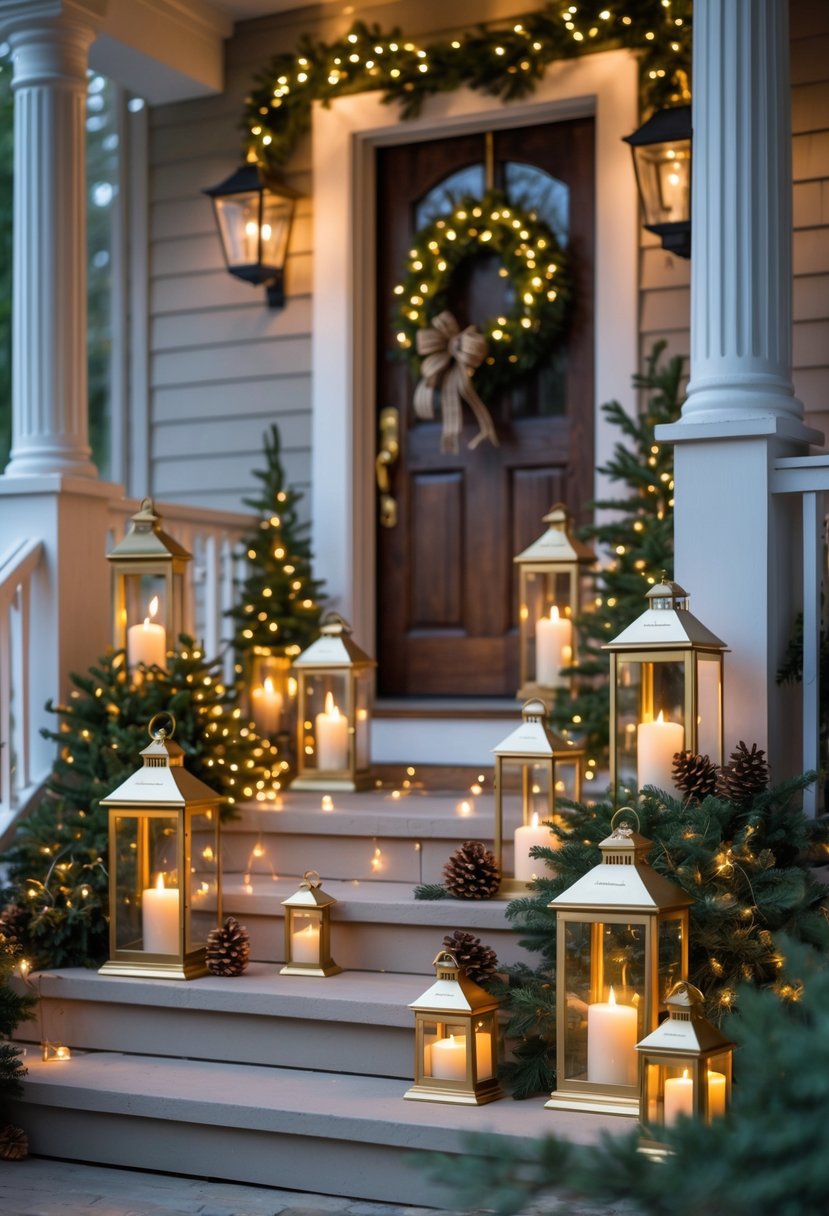 Front porch decorated with gold and white lanterns containing LED candles, greenery, and a Christmas wreath on the door.