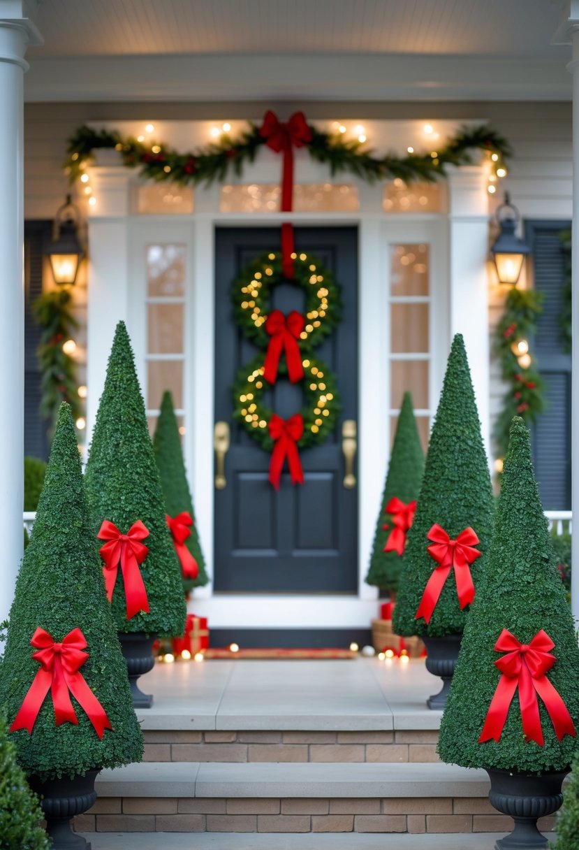 Symmetrical topiary trees with red ribbons decorating a front porch for Christmas.