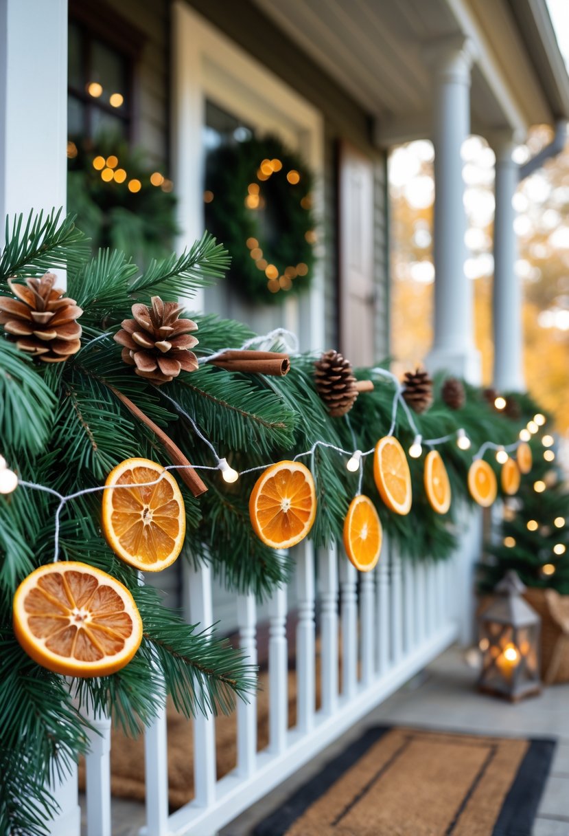 A front porch decorated with a cedar garland and dried orange slices along the railing, with pine cones and fairy lights enhancing the festive look.