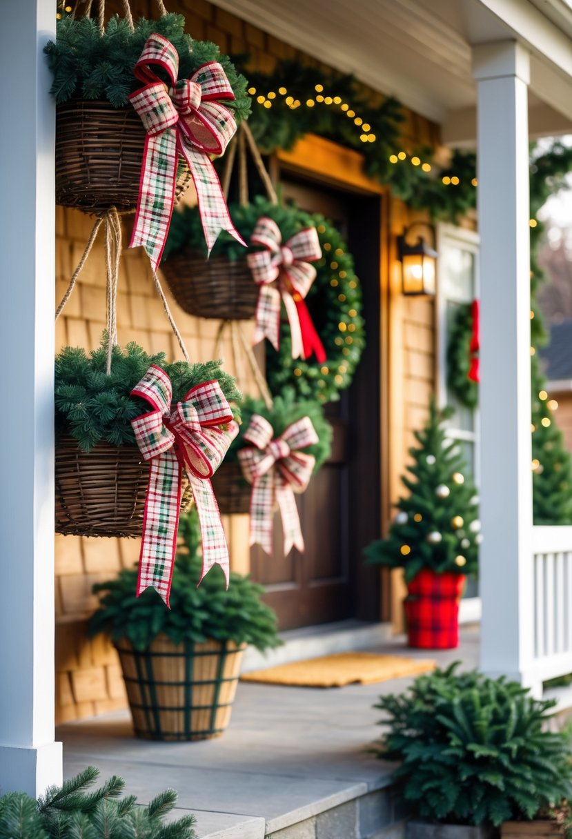 Front porch decorated for Christmas with hanging baskets featuring plaid ribbon bows and festive greenery.