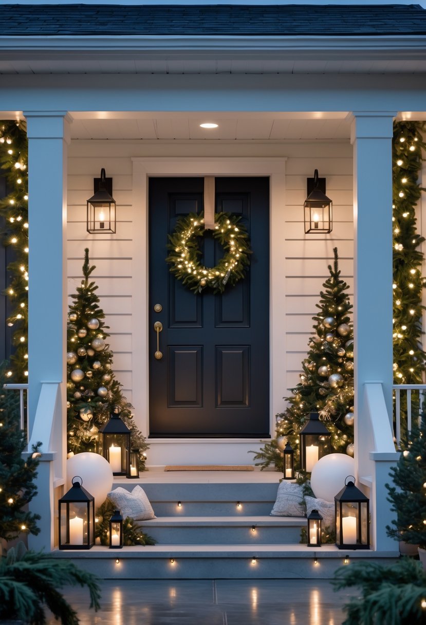 A front porch decorated for Christmas with black metal light fixtures glowing softly and various Christmas decorations arranged around the entrance.