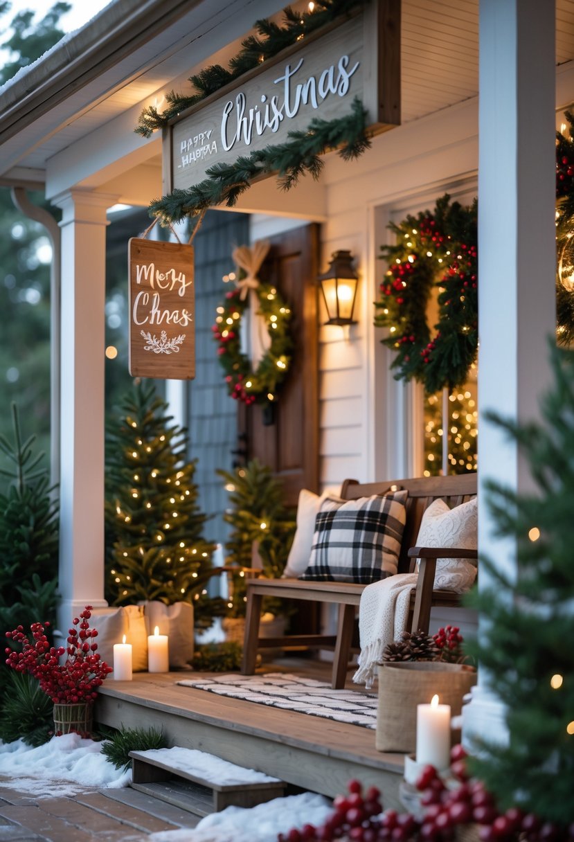 A front porch decorated for Christmas with rustic wooden signs, pine garlands, red berries, pine cones, warm lights, and cozy seating with cushions and a blanket.