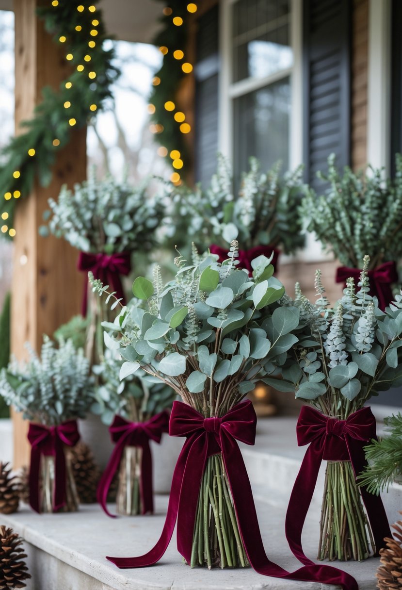 Fresh eucalyptus bunches tied with velvet ribbons arranged on a front porch as Christmas decorations.