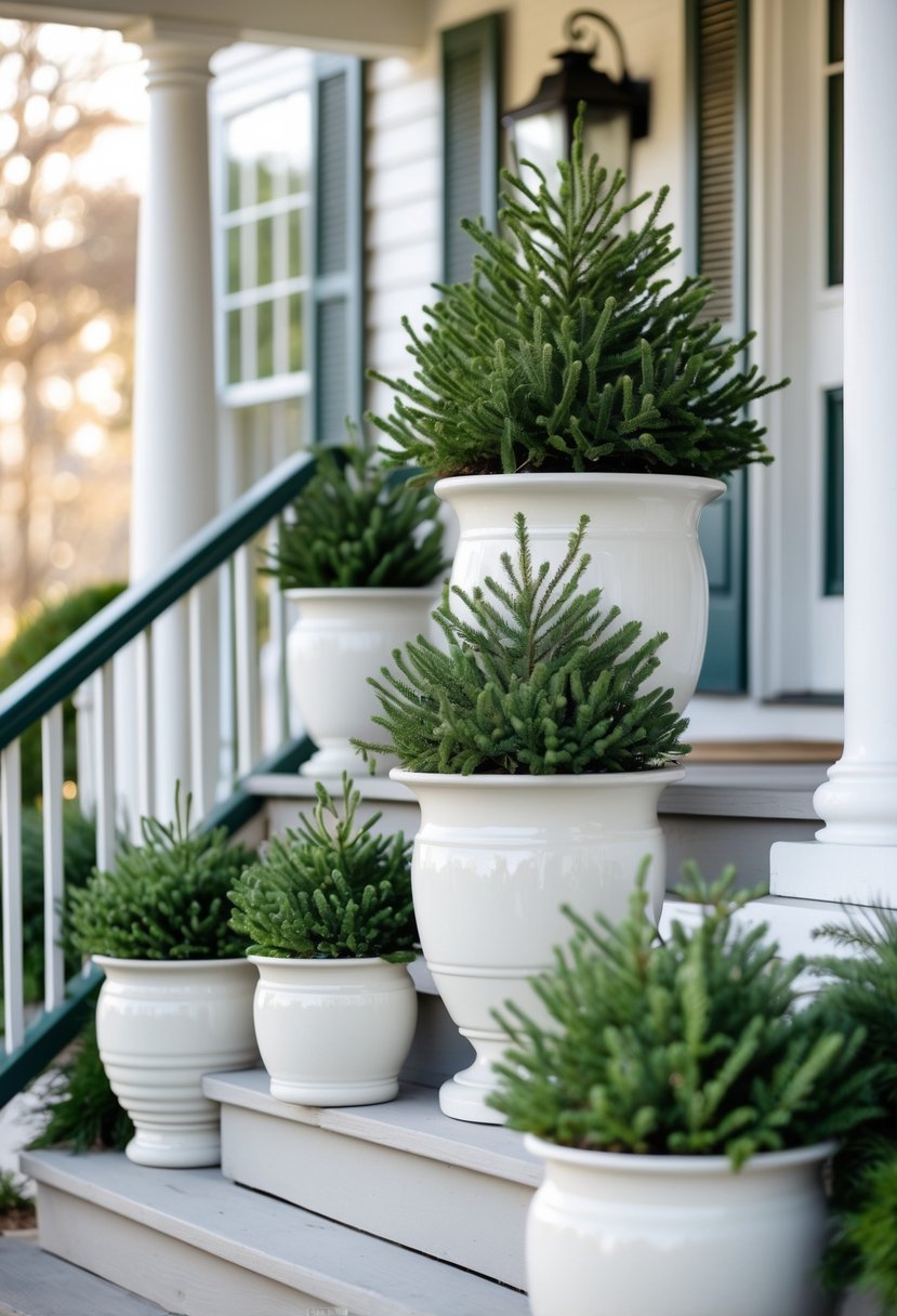 Front porch with white ceramic planters holding small evergreen shrubs arranged neatly along the steps.