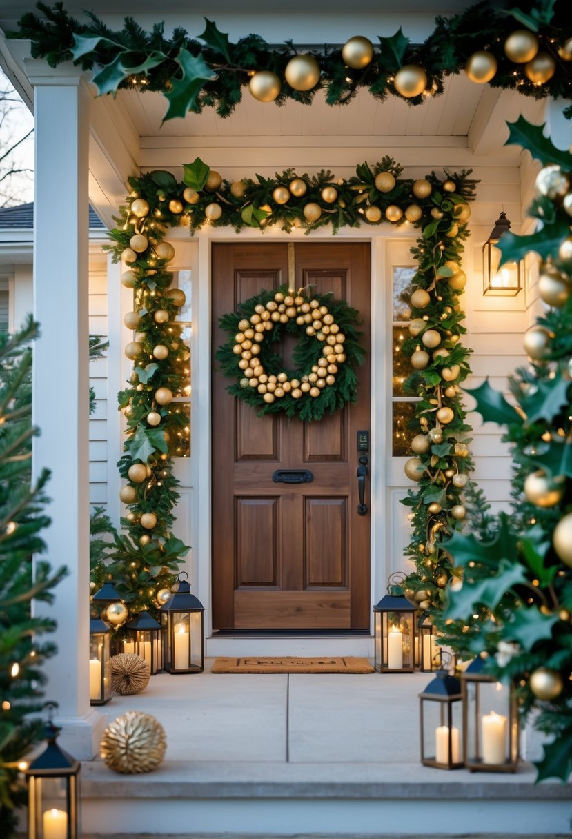 A front porch decorated with green garlands and wreaths mixed with subtle gold baubles and warm lights for Christmas.