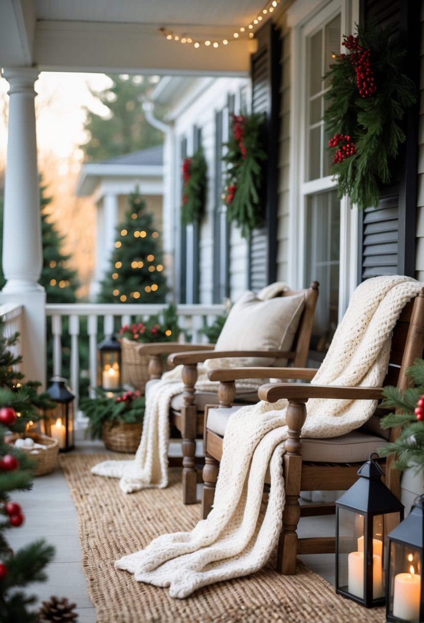 Front porch with seating covered in ivory knit throw blankets and decorated with Christmas garlands, pine cones, and lanterns.