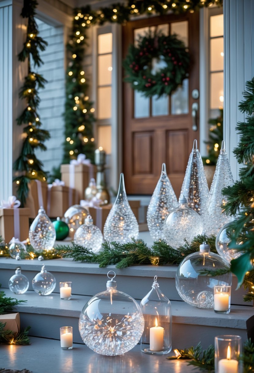 Clusters of clear glass Christmas ornaments arranged on a decorated front porch with greenery, lights, and holiday accents.