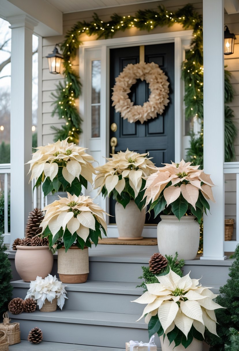 Front porch decorated with neutral-colored potted poinsettias and subtle Christmas accents.