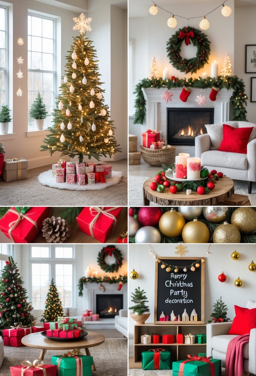 A cozy living room and dining area decorated with various simple Christmas decorations including a tree, string lights, garlands, candles, and festive ornaments.