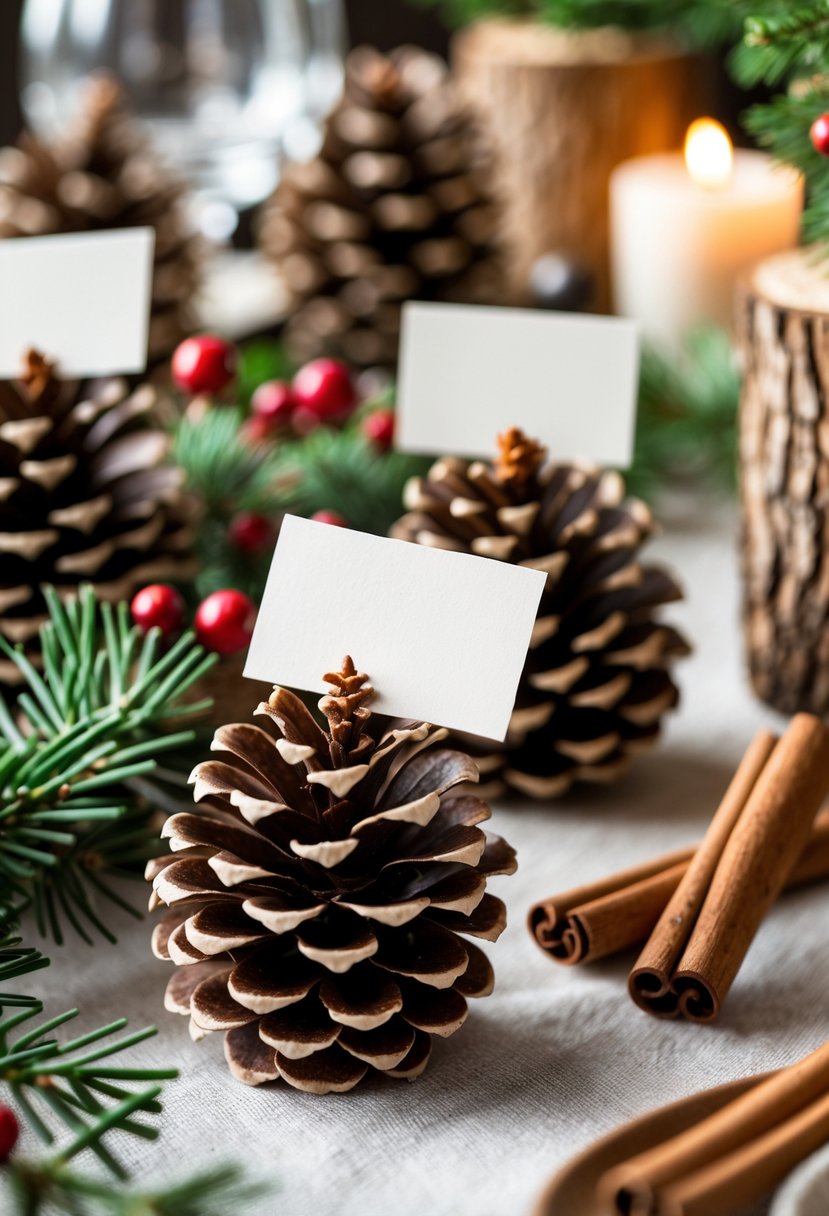 Close-up of pinecones used as place cards on a decorated Christmas party table with evergreen branches and holiday accents.