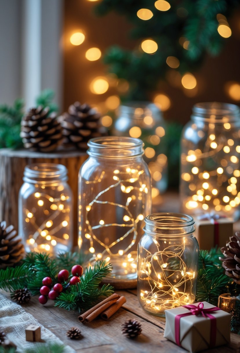Several glass jars filled with twinkling fairy lights arranged on a wooden table with pine cones, evergreen sprigs, red berries, and cinnamon sticks as Christmas decorations.