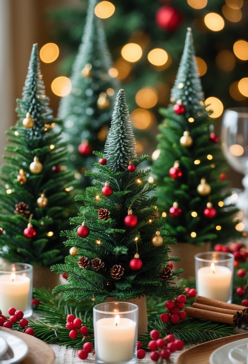 A table with several small decorated Christmas tree centerpieces surrounded by candles, berries, and cinnamon sticks.