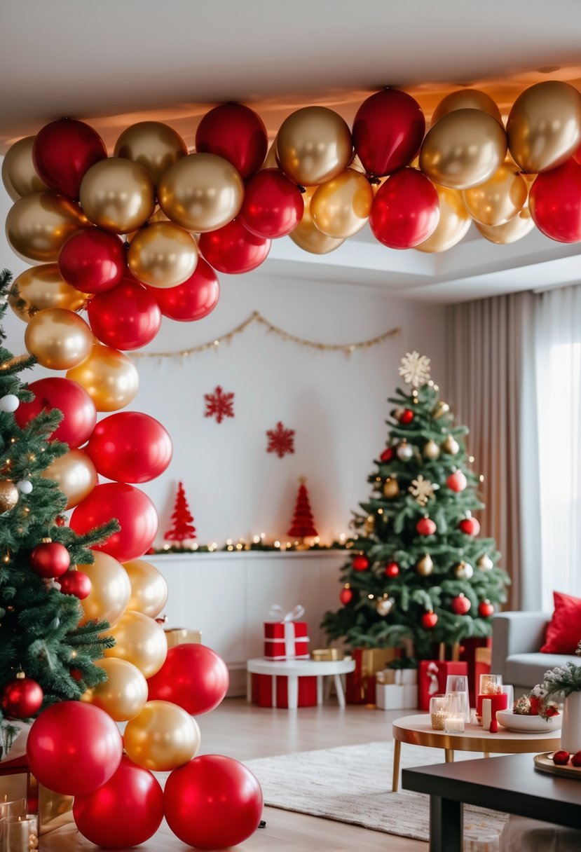 A festive room decorated with red and gold balloon garlands and Christmas decorations including a tree and lights.