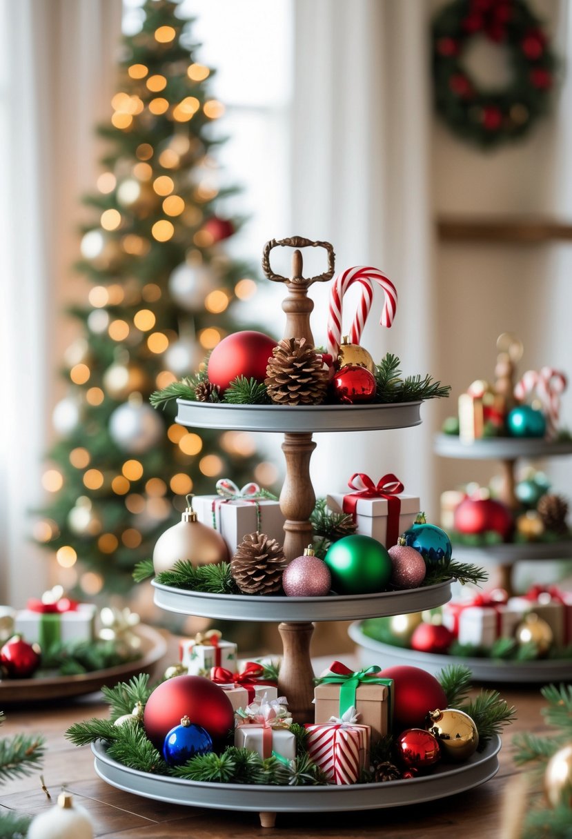Tiered trays decorated with Christmas ornaments and holiday decorations on a wooden table.