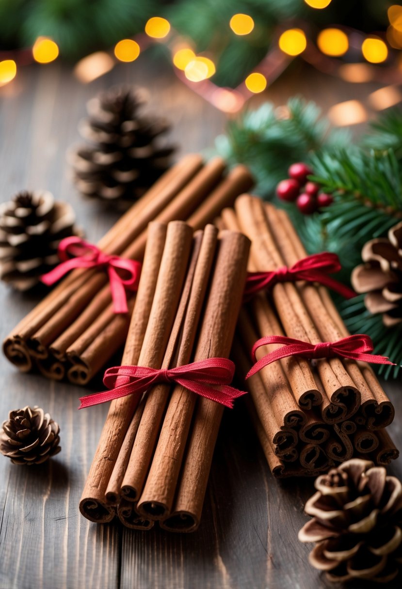 Bundles of cinnamon sticks tied with red ribbons arranged with pine cones and evergreen sprigs on a wooden surface.